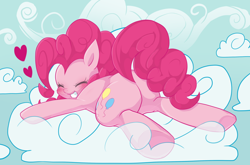 Size: 998x660 | Tagged: safe, artist:powaito, pinkie pie, earth pony, pony, blushing, cloud, cute, diapinkes, female, heart, mare, on a cloud, plot, prone, sky, smiling, solo, underhoof