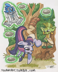 Size: 628x779 | Tagged: safe, artist:silvaniart, derpibooru import, spike, twilight sparkle, zecora, dragon, zebra, astromech, crossover, dagobah, everfree forest, jedi, luke skywalker, magic, parody, r2-d2, star wars, training, yoda, yodacora