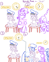 Size: 1280x1611 | Tagged: safe, artist:adorkabletwilightandfriends, rarity, sweetie belle, oc, oc:officer conner, pony, unicorn, comic:adorkable twilight and friends, accessory swap, adorkable friends, anatomically incorrect, bandage, bipedal, clock, clothes, comic, crossed legs, crying, cute, eyes closed, feels, frown, hat, heart, hoof hold, hospital, hug, incorrect leg anatomy, injured, lidded eyes, lineart, magazine, necktie, open mouth, raised leg, reading, sitting, sleeping, slice of life, smiling, tears of joy, zzz