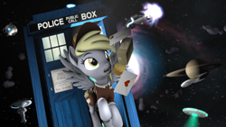 Size: 3840x2160 | Tagged: safe, artist:alicorntwilysparkle, derpy hooves, pegasus, pony, 3d, back to the future, doctor who, epic derpy, female, food, letter, mailmare, muffin, package, portal (valve), revamped ponies, saturn, solo, source filmmaker, space, star trek, tardis, ufo, wheatley