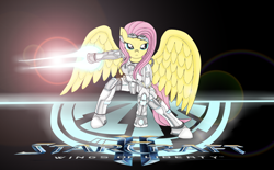 Size: 4200x2606 | Tagged: safe, artist:avchonline, fluttershy, pegasus, pony, semi-anthro, badass, crossover, energy sword, halo (series), solo, starcraft 2, video game, weapon