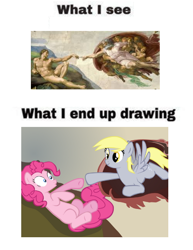 Size: 500x646 | Tagged: safe, artist:michelangelo, artist:pipersack, edit, derpy hooves, pinkie pie, oc, pegasus, pony, female, fine art parody, god, mare, meme, parody, sistine chapel, the creation of adam