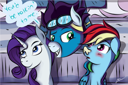 Size: 1024x683 | Tagged: safe, artist:johesy, derpibooru import, rainbow dash, rarity, soarin', pegasus, pony, unicorn, female, male, shipping, soarindash, straight, sunscreen