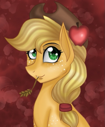 Size: 525x633 | Tagged: safe, artist:derpsonhooves, applejack, earth pony, pony, apple, bust, freckles, portrait, solo