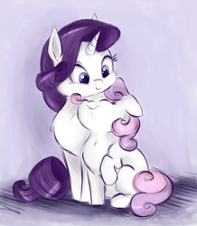 Size: 992x1136 | Tagged: safe, artist:buttersprinkle, rarity, sweetie belle, pony, unicorn, behaving like a cat, belle sisters, buttersprinkle is trying to murder us, chest fluff, cuddling, cute, diasweetes, eyes closed, female, filly, floppy ears, hnnng, kitty belle, mare, neck nuzzle, nuzzling, raised hoof, raribetes, raricat, sisters, sitting, smiling, snuggling, weapons-grade cute