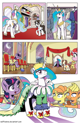 Size: 1200x1845 | Tagged: safe, artist:muffinshire, princess celestia, raven, twilight sparkle, oc, oc:lemon burst, oc:orange twist, oc:swirling star, alicorn, pony, comic:twilight's first dance, clothes, comic, dress, dumbfounded, female, filly, filly twilight sparkle, majestic as fuck, mare in the moon, moon, no dialogue, overdressed, sillestia, surprised