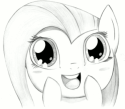 Size: 300x261 | Tagged: safe, artist:fladdrarblyg, fluttershy, pegasus, pony, amazed, animated, blush sticker, blushing, bust, cute, eye shimmer, gif, gravity falls, looking at you, monochrome, reaction image, shyabetes, smiling, solo, soos and the real girl, sparkles
