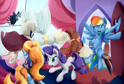 Size: 1481x1000 | Tagged: safe, artist:scootiebloom, derpibooru import, rainbow dash, rarity, sassy saddles, pegasus, pony, unicorn, rarity investigates, eyes closed, mannequin, scene interpretation