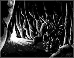 Size: 1196x941 | Tagged: safe, artist:probablyfakeblonde, princess celestia, alicorn, pony, backlighting, cave, dark, grayscale, monochrome, solo