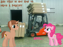 Size: 2048x1536 | Tagged: safe, artist:redmagepony, pinkie pie, oc, oc:heroic armour, forklift, how to, how to not, irl, photo, ponies in real life, professionalism, teaching