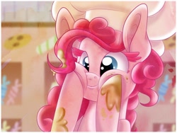 Size: 1032x774 | Tagged: safe, artist:elskafox, pinkie pie, earth pony, pony, the lost treasure of griffonstone, candy, chef's hat, cute, diapinkes, food, hat, messy, scene interpretation, solo, squishy cheeks