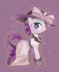 Size: 606x737 | Tagged: safe, artist:osawari64, rarity, pony, unicorn, clothes, dress, ear piercing, earring, hat, jewelry, piercing, smiling, solo, sparkles