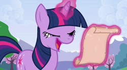 Size: 720x400 | Tagged: safe, derpibooru import, screencap, twilight sparkle, unicorn twilight, pony, unicorn, a canterlot wedding, chickun, faic, female, letter, lidded eyes, magic, mare, meme, mid-blink screencap, open mouth, reading, scroll, smiling, solo, telekinesis