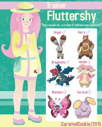 Size: 800x1000 | Tagged: safe, artist:caramelcookie, fluttershy, human, audino, bunnelby, druddigon, humanized, pokémon, pokémon team, pokémon trainer, solo, ursaring, vivillon, whismur