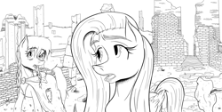 Size: 2530x1280 | Tagged: safe, artist:thethunderpony, fluttershy, oc, oc:seedy scrolls, pegasus, pony, lineart, monochrome, ruins