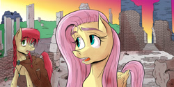 Size: 2530x1280 | Tagged: safe, artist:saturdaymorningproj, artist:thethunderpony, fluttershy, oc, oc:seedy scrolls, pegasus, pony, colored, ruins, sunset