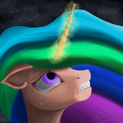 Size: 2000x2000 | Tagged: safe, artist:hyper dash, princess celestia, alicorn, pony, crying, glowing horn, solo