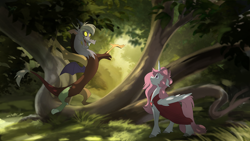 Size: 960x540 | Tagged: dead source, safe, artist:anima-dos, discord, princess celestia, alicorn, draconequus, pony, cloak, clothes, disney style, duo, female, forest, male, mare, pink-mane celestia, style emulation, tree, younger