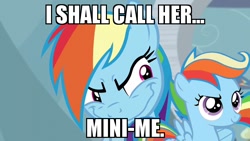 Size: 720x405 | Tagged: safe, derpibooru import, rainbow dash, scootaloo, pegasus, pony, austin powers, dr. evil, image macro, meme, mini-me, rainbow grinch