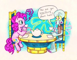 Size: 960x748 | Tagged: safe, artist:neko-setsuka, pinkie pie, earth pony, pony, crossover, duo, meme, pinkie being pinkie, pinkie physics, question mark, spongebob squarepants, squidward tentacles, tea, traditional art