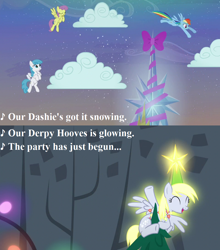 Size: 960x1090 | Tagged: safe, edit, edited screencap, screencap, derpy hooves, lightning bolt, parasol, rainbow dash, white lightning, pegasus, pony, a hearth's warming tail, g3, bow, cloud, cropped, cute, derpabetes, derpy star, g3 to g4, generation leap, hearth's warming eve, hearth's warming lights, hearth's warming tree, lyrics, snow, song reference, text, that's what i love about christmas, tree, twilight's castle