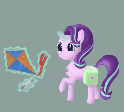 Size: 4820x4340 | Tagged: safe, artist:mlplayer dudez, starlight glimmer, pony, unicorn, bag, cheek fluff, chest fluff, cutie mark, ear fluff, happy, kite, levitation, magic, raised hoof, saddle bag, shading, simple background, smiling, solo, telekinesis, walking