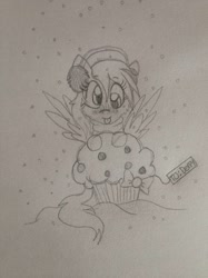 Size: 774x1033 | Tagged: safe, artist:ilikepudding24, derpy hooves, clothes, earmuffs, food, giant food, how, monochrome, muffin, pencil drawing, scarf, snow, snowfall, solo, tongue out, traditional art