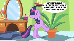 Size: 1280x720 | Tagged: safe, derpibooru import, edit, edited screencap, screencap, twilight sparkle, green isn't your color, exploitable meme, female, implied shipping, implied spikedancer, implied straight, meme, potted plant, secret pot meme, solo, speech bubble, twilight's confessions