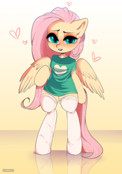 Size: 3400x4833 | Tagged: safe, artist:yukomaussi, fluttershy, pegasus, pony, semi-anthro, blushing, clothes, cute, female, looking at you, mare, shirt, shyabetes, socks, solo, standing, stockings, t-shirt, thigh highs