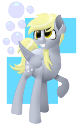 Size: 4000x6500 | Tagged: safe, artist:mindstormproductions, derpy hooves, pegasus, pony, abstract background, chest fluff, cute, cutie mark, derpabetes, ear fluff, female, mare, solo, teeth, wings