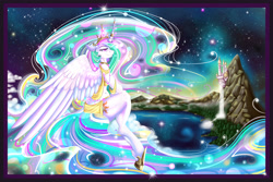 Size: 5400x3600 | Tagged: safe, artist:theneithervoid, princess celestia, starlight, anthro, unguligrade anthro, canterlot castle, dawn, looking away, mountain, scenery, solo