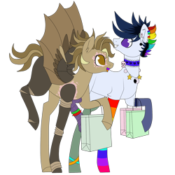 Size: 1500x1500 | Tagged: safe, artist:princess-of-the-nigh, oc, oc only, oc:pop candy (ice1517), oc:tinker (ice1517), cyborg, earth pony, pegasus, pony, amputee, anklet, artificial wings, augmented, bag, choker, clothes, duo, ear piercing, earring, female, fishnets, icey-verse, jewelry, magical lesbian spawn, mare, mechanical wing, necklace, offspring, open mouth, parent:derpy hooves, parent:doctor whooves, parent:inky rose, parent:moonlight raven, parents:doctorderpy, parents:inkyraven, piercing, prosthetic limb, prosthetic wing, prosthetics, rainbow hair, rainbow socks, scar, simple background, socks, spiked wristband, stockings, striped socks, thigh highs, transparent background, wings, wristband