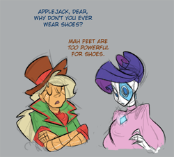 Size: 500x451 | Tagged: safe, artist:egophiliac, applejack, rarity, robot, artificial intelligence, barefoot, clothes, duo, gray background, hat, humanized, simple background, steampunk, steamquestria