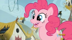 Size: 1276x714 | Tagged: safe, screencap, pinkie pie, earth pony, pony, the lost treasure of griffonstone, broken teeth, meme, youtube caption