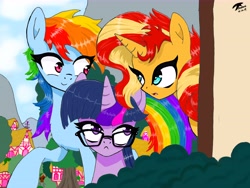 Size: 10100x7600 | Tagged: safe, artist:brekrofmadness, rainbow dash, sci-twi, sunset shimmer, twilight sparkle, pegasus, pony, unicorn, better together, equestria girls, spring breakdown, absurd resolution, equestria girls ponified, glasses, ponified, ponyville, scene interpretation, unicorn sci-twi