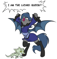 Size: 1196x1238 | Tagged: safe, artist:egophiliac, oc, oc only, oc:river rhythm, bat pony, lizard, clothes, dialogue, female, frill-necked lizard, hairband, i am the lizard queen, kimono (clothing), mare, no source, reptile, screaming, silly, simple background, socks, solo, thigh highs, transparent background