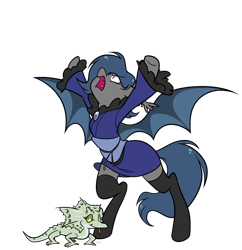 Size: 1196x1238 | Tagged: safe, artist:egophiliac, oc, oc only, oc:river rhythm, bat pony, gecko, lizard, clothes, female, frill-necked lizard, hairband, kimono (clothing), mare, no source, reptile, screaming, silly, simple background, socks, solo, thigh highs, transparent background