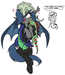 Size: 1034x1190 | Tagged: safe, artist:egophiliac, oc, oc only, oc:ink sigil, oc:river rhythm, bat pony, gecko, lizard, pony, chameleon, clothes, cute, dialogue, female, frill-necked lizard, happy, heart, iguana, kimono (clothing), mare, reptile, silly, silly pony, simple background, socks, solo, thigh highs, transparent background, weird