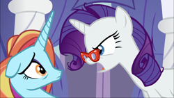 Size: 1920x1080 | Tagged: safe, screencap, rarity, sassy saddles, pony, unicorn, canterlot boutique, angry, floppy ears, glasses, sad