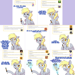 Size: 2254x2254 | Tagged: safe, artist:jitterbugjive, derpy hooves, oc, oc:neosurgeon, pony, blushing, chibi, doctor who, hologram, lovestruck derpy, sonic screwdriver