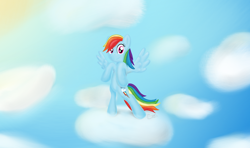 Size: 1440x850 | Tagged: safe, artist:cobaltsketch, derpibooru import, rainbow dash, pegasus, pony, cloud, cloudy, looking at you, sky, solo, spread wings