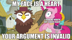 Size: 1920x1075 | Tagged: safe, screencap, gunter, pinkie pie, earth pony, griffon, pony, the lost treasure of griffonstone, caption, duo, meme, owl griffon, your argument is invalid