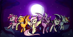 Size: 2120x1080 | Tagged: safe, artist:kera-moondust, derpibooru import, applejack, fluttershy, pinkie pie, rainbow dash, rarity, twilight sparkle, bat pony, pony, applebat, flutterbat, mane six, moon, night, pinkiebat, rainbowbat, raribat, twibat