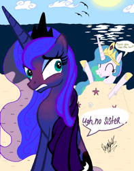 Size: 2411x3061 | Tagged: safe, artist:darkest-lunar-flower, derpibooru exclusive, princess celestia, princess luna, alicorn, bird, pony, cloud, sand, seashell, starfish, sun, sunburn