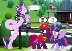 Size: 1528x1080 | Tagged: safe, artist:stellardusk, artist:徐詩珮, fizzlepop berrytwist, starlight glimmer, tempest shadow, twilight sparkle, twilight sparkle (alicorn), alicorn, pony, unicorn, series:sprglitemplight diary, series:sprglitemplight life jacket days, series:springshadowdrops diary, series:springshadowdrops life jacket days, alternate universe, base used, chase (paw patrol), clothes, cute, dialogue, female, glimmerbetes, lesbian, long glimmer, mare, marshall (paw patrol), paw patrol, shipping, speech bubble, tempestlight