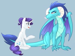 Size: 1163x863 | Tagged: safe, artist:tamersworld, princess ember, rarity, dragon, pony, unicorn, sitting, story included, talking