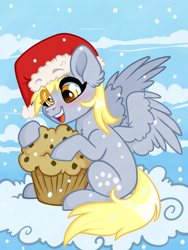 Size: 3000x4000 | Tagged: safe, artist:annakitsun3, derpy hooves, pegasus, pony, christmas, cloud, eye clipping through hair, female, food, hat, holiday, mare, muffin, on a cloud, santa hat, solo