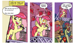 Size: 839x502 | Tagged: safe, edit, idw, apple bloom, apple fritter, applejack, babs seed, big macintosh, granny smith, earth pony, pony, friends forever, spoiler:comic, spoiler:comicff2, apple bloom's bad joke, brick wall, cropped, exploitable meme, joke, lol, male, merge, stallion, stool, tomato, water bottle