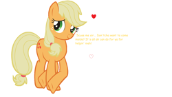 Size: 1726x974 | Tagged: safe, edit, applejack, earth pony, pony, bronybait, cute, hatless, heart, jackabetes, looking at you, missing accessory, simple background, smiling, solo, white background