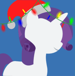 Size: 795x800 | Tagged: safe, artist:arifproject, edit, part of a set, rarity, pony, unicorn, animated, arif's christmas pones, beautiful, blue background, christmas lights, cute, derpibooru background pony icon, female, garland, gif, happy, hat, horn, lights, lineless, mare, minimalist, santa hat, simple background, smiling, solo